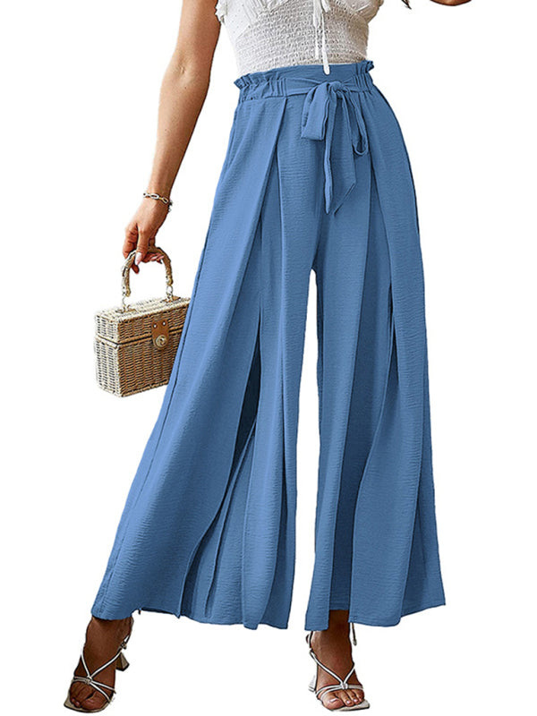 New bow loose high waist pleated wide leg pants with belt pants