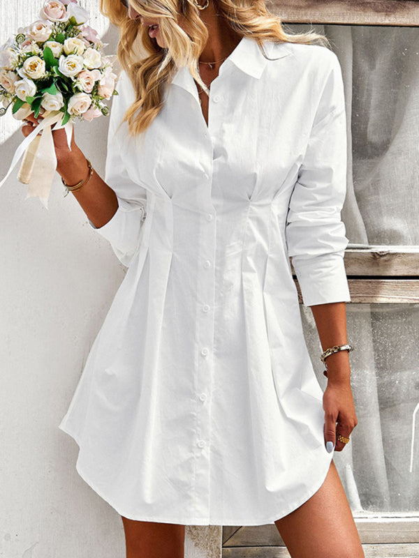 Effortlessly stylish, this Ladies Fashion Solid Color Shirt Dress is a must-have for any wardrobe. The solid color design and shirt dress silhouette offer a versatile and chic look. Made with high-quality materials, this dress ensures both comfort and durability. Perfect for any occasion.