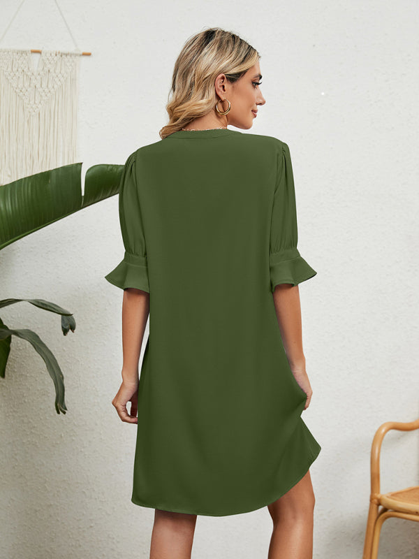 This New solid color V-neck loose gathered five-quarter sleeve dress is made for those looking for a casual yet stylish outfit. The v-neck design and five-quarter sleeves provide a comfortable and loose fit, perfect for any occasion. Made with top-quality fabric, this dress will give you a chic and elegant look.