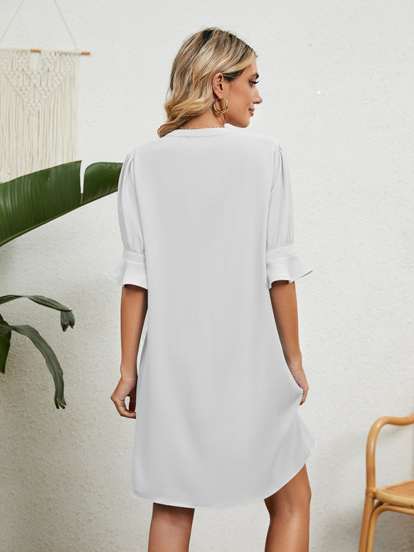 This New solid color V-neck loose gathered five-quarter sleeve dress is made for those looking for a casual yet stylish outfit. The v-neck design and five-quarter sleeves provide a comfortable and loose fit, perfect for any occasion. Made with top-quality fabric, this dress will give you a chic and elegant look.