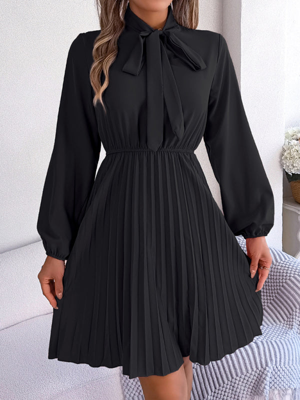 Autumn and winter temperament tie waist long sleeve pleated skirt