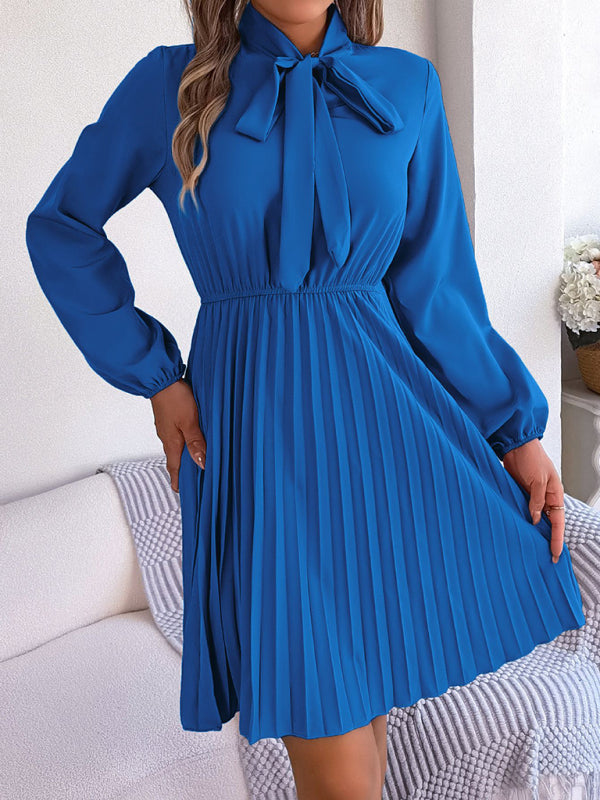 Autumn and winter temperament tie waist long sleeve pleated skirt