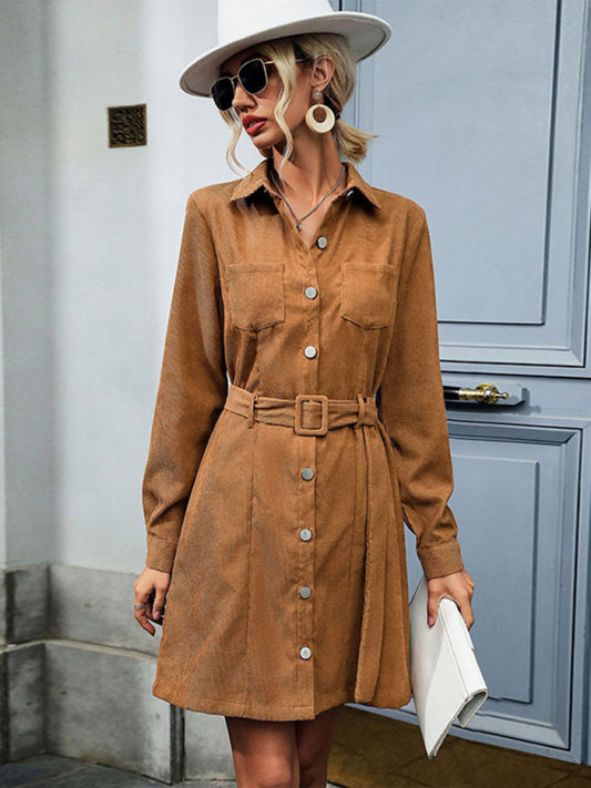 Shirt style lapel long sleeve corduroy Camel color dress