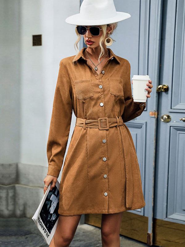 Shirt style lapel long sleeve corduroy Camel color dress