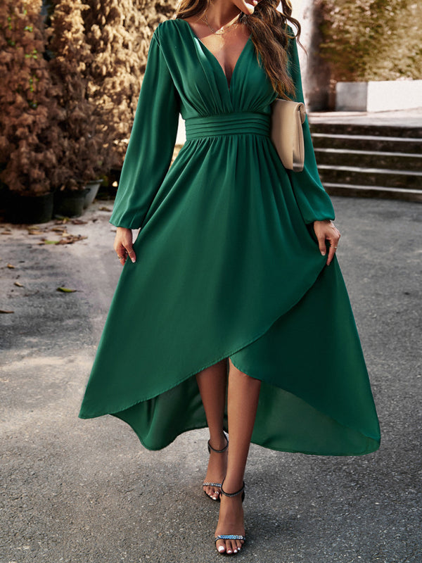 Green Slim waist V-neck sexy dress with big swing