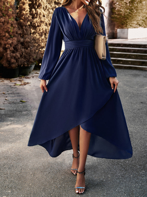 Blue Slim waist V-neck sexy dress with big swing