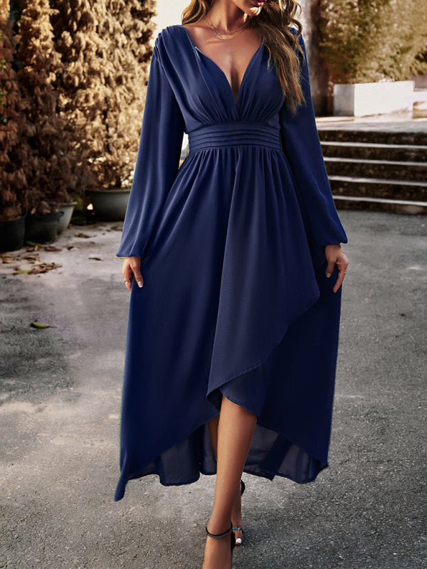 Blue Slim waist V-neck sexy dress with big swing