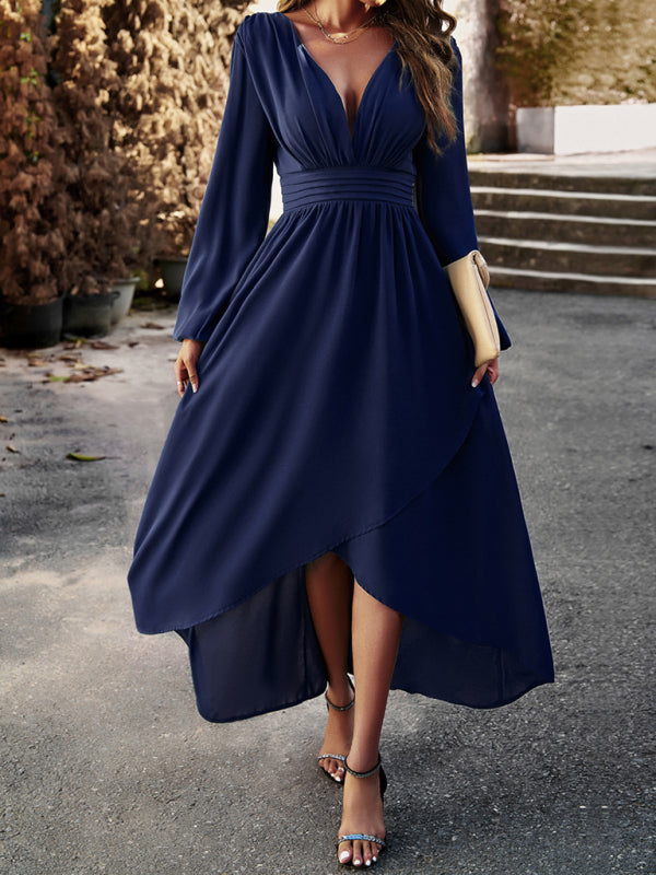 Blue Slim waist V-neck sexy dress with big swing