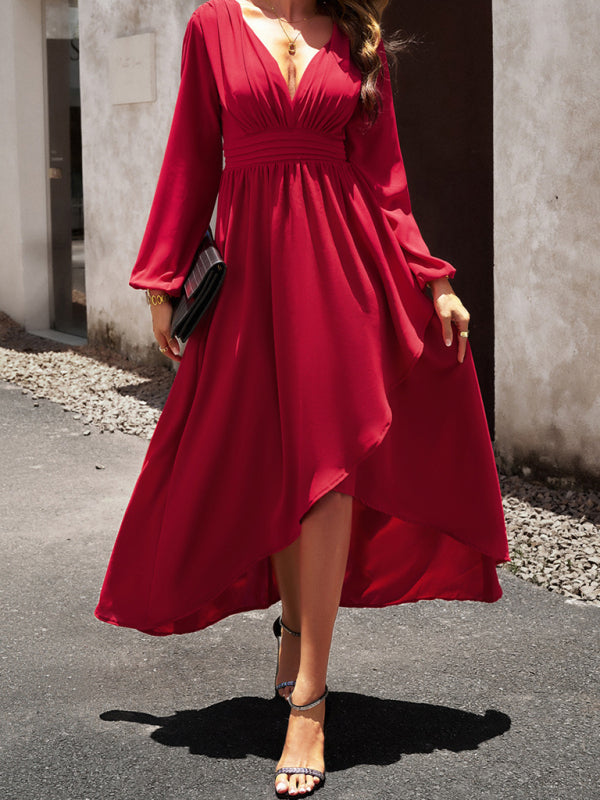 Wine-red Slim waist V-neck sexy dress with big swing