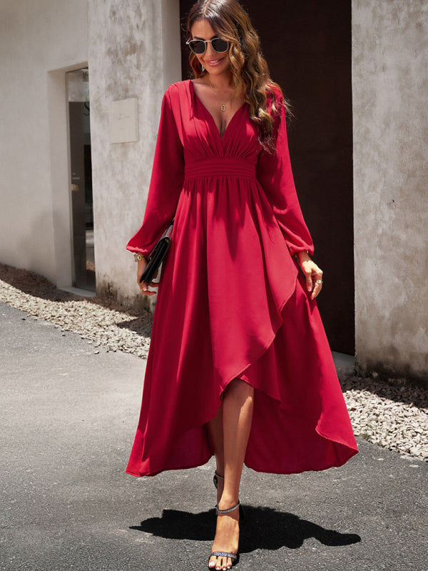 Wine-red Slim waist V-neck sexy dress with big swing