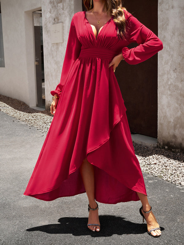 Wine-red Slim waist V-neck sexy dress with big swing