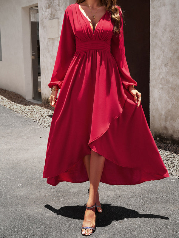 Wine-red Slim waist V-neck sexy dress with big swing