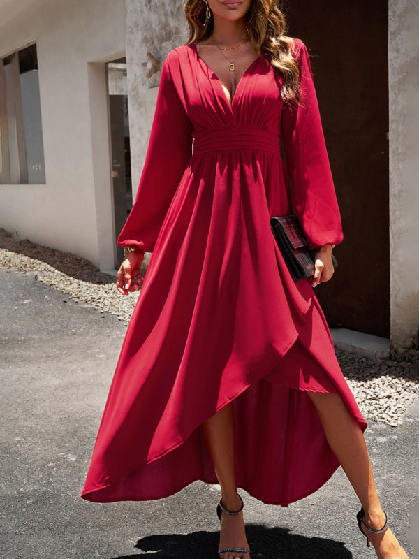 Wine-red Slim waist V-neck sexy dress with big swing