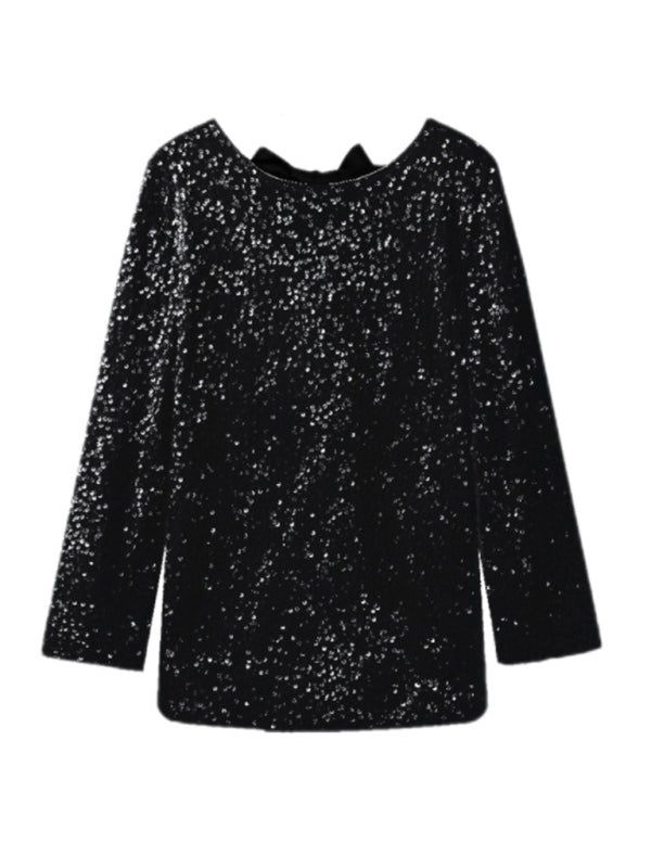 New long-sleeved back bow sequined dress