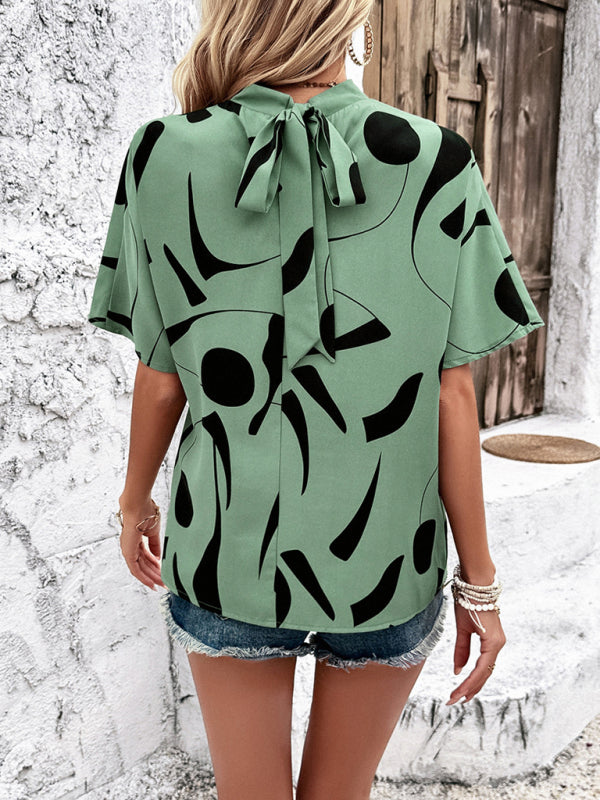 New stand collar casual loose printed short sleeve top