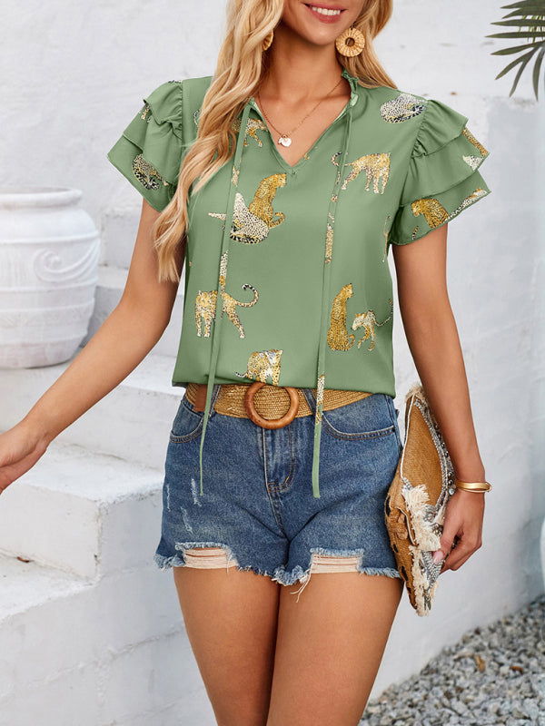 New casual summer V-neck printed ruffle sleeve top