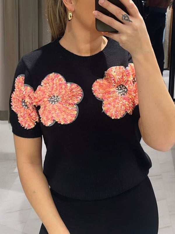 New contrasting flower sweet pink round neck short-sleeved sweater