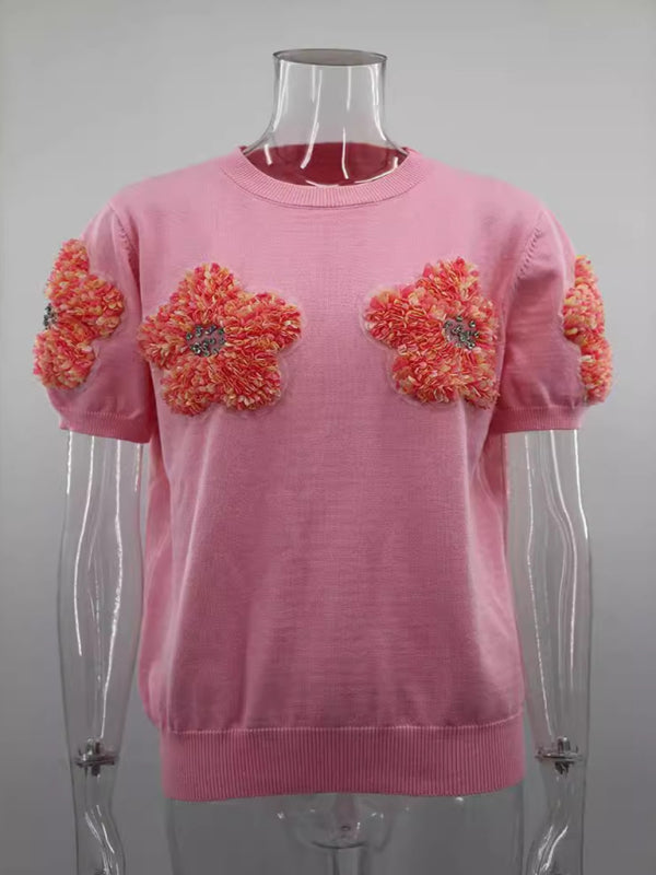 New contrasting flower sweet pink round neck short-sleeved sweater