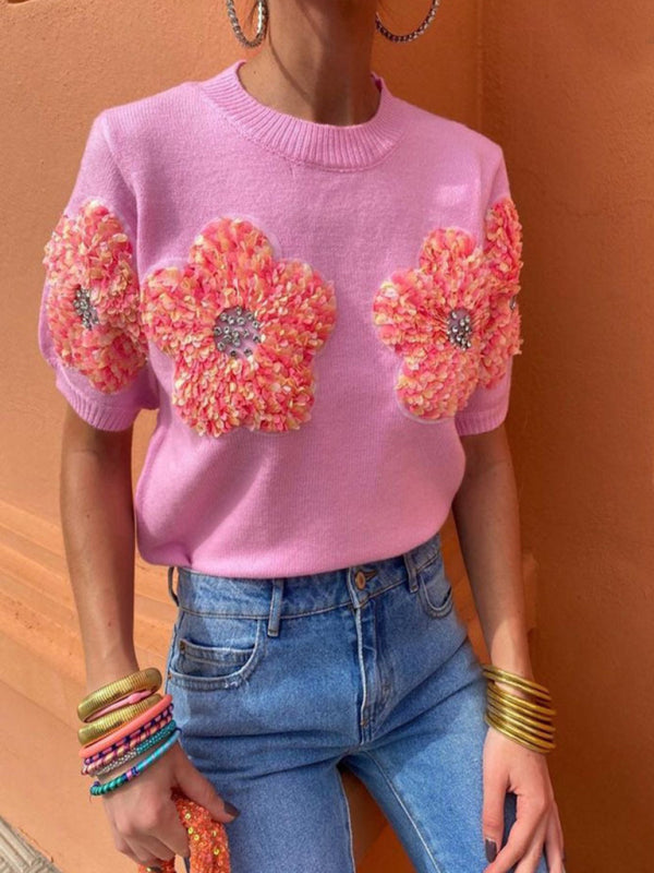 New contrasting flower sweet pink round neck short-sleeved sweater