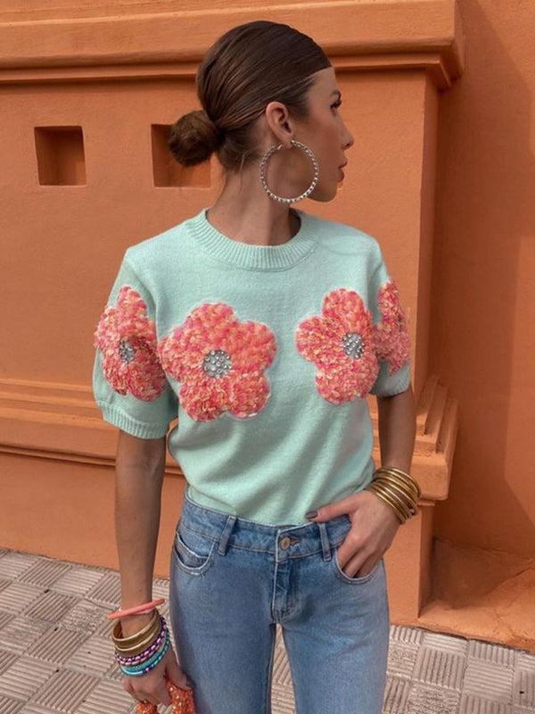 New contrasting flower sweet pink round neck short-sleeved sweater