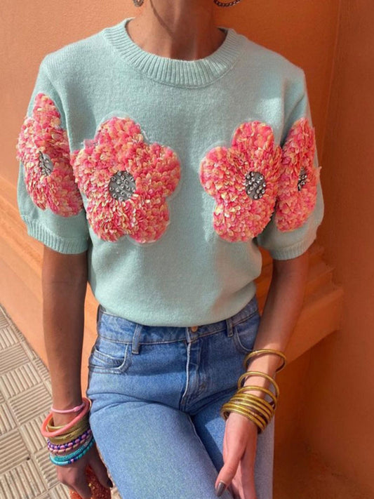 New contrasting flower sweet pink round neck short-sleeved sweater