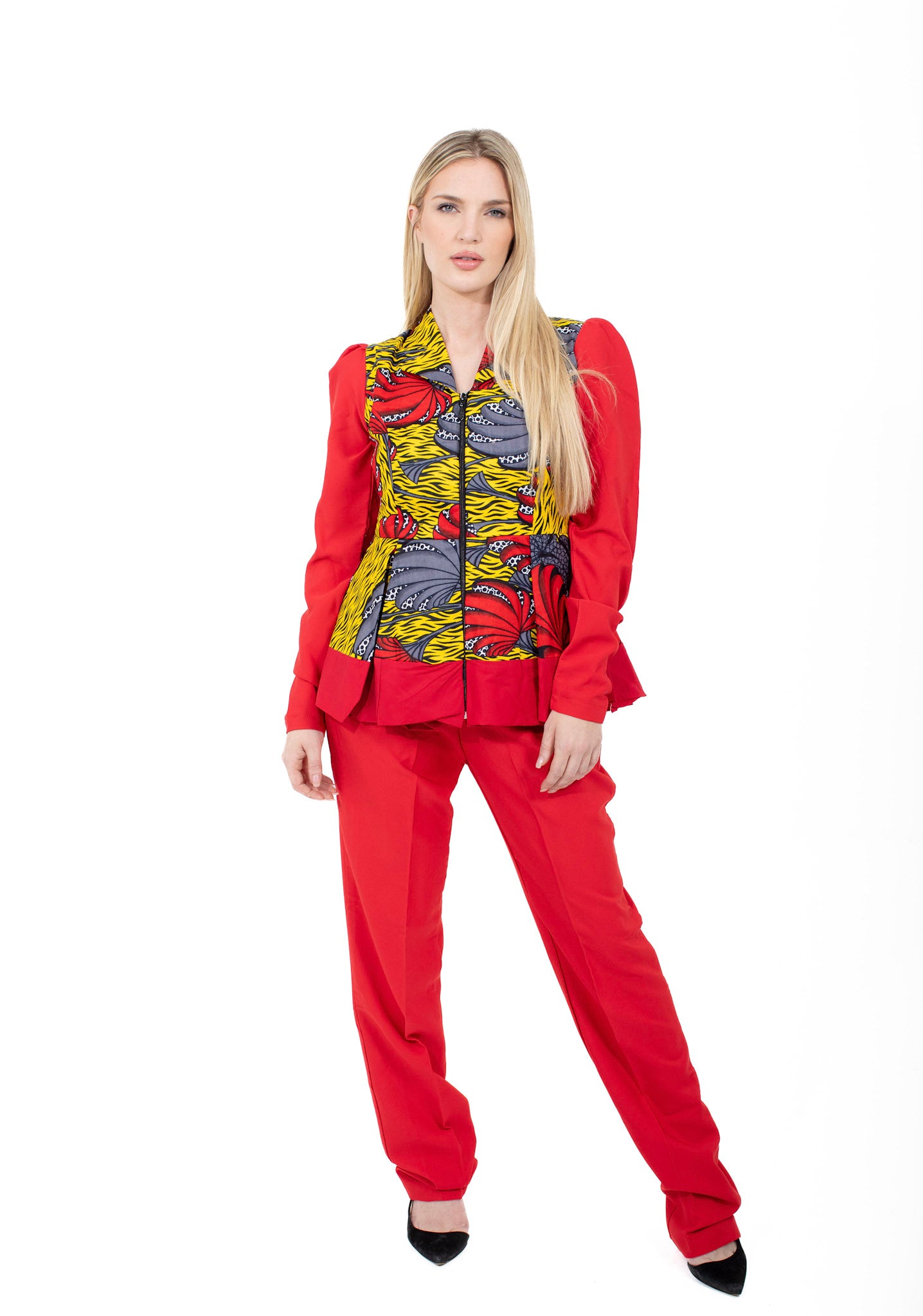 Smooth Visage Ankara Print Red Peplum and Crepe Ankara Pant for women