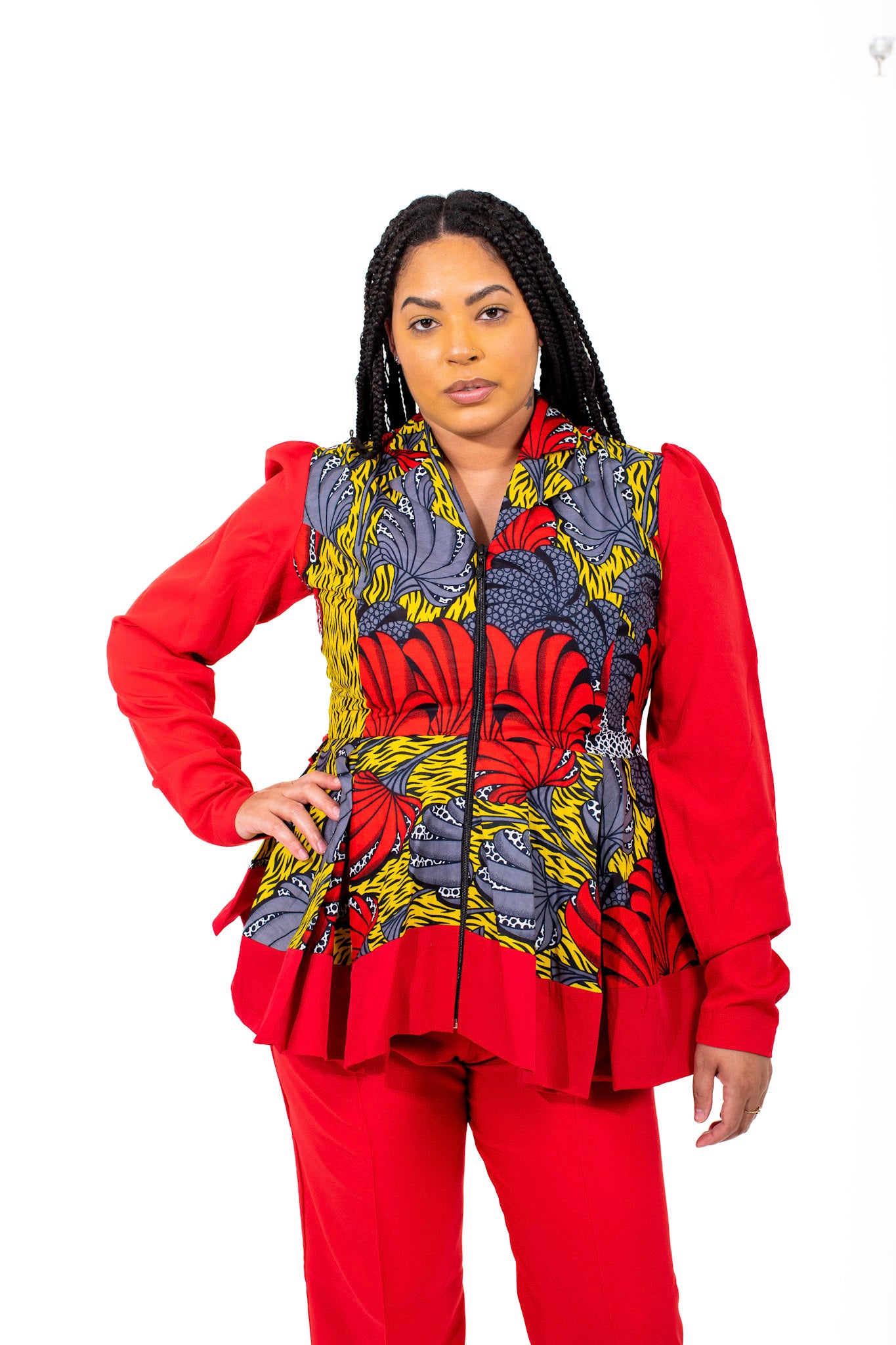 Smooth Visage Ankara Print Red Peplum and Crepe Ankara Pant for women