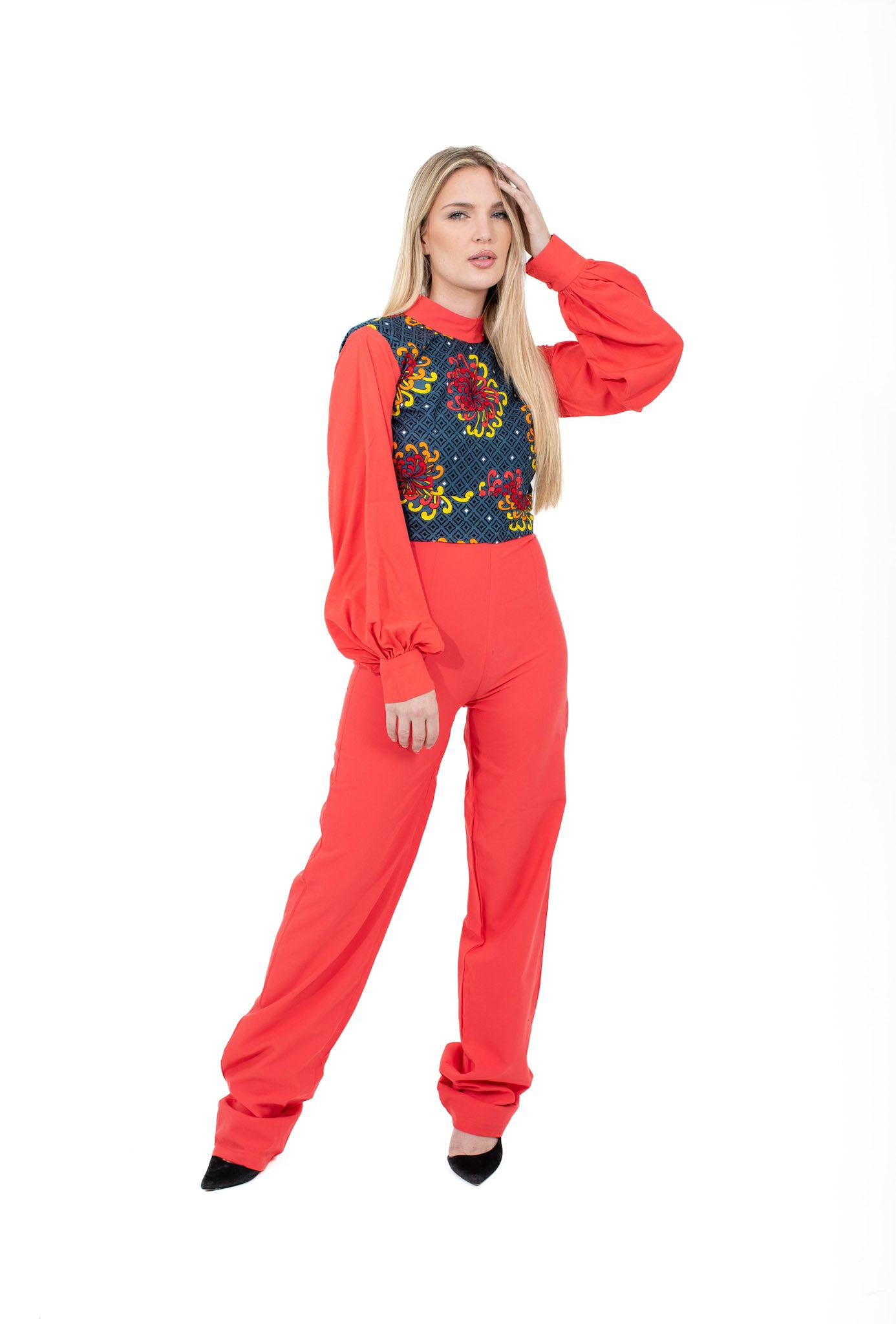 Thema Coral Red Ankara Mix African Print Jumpsuit