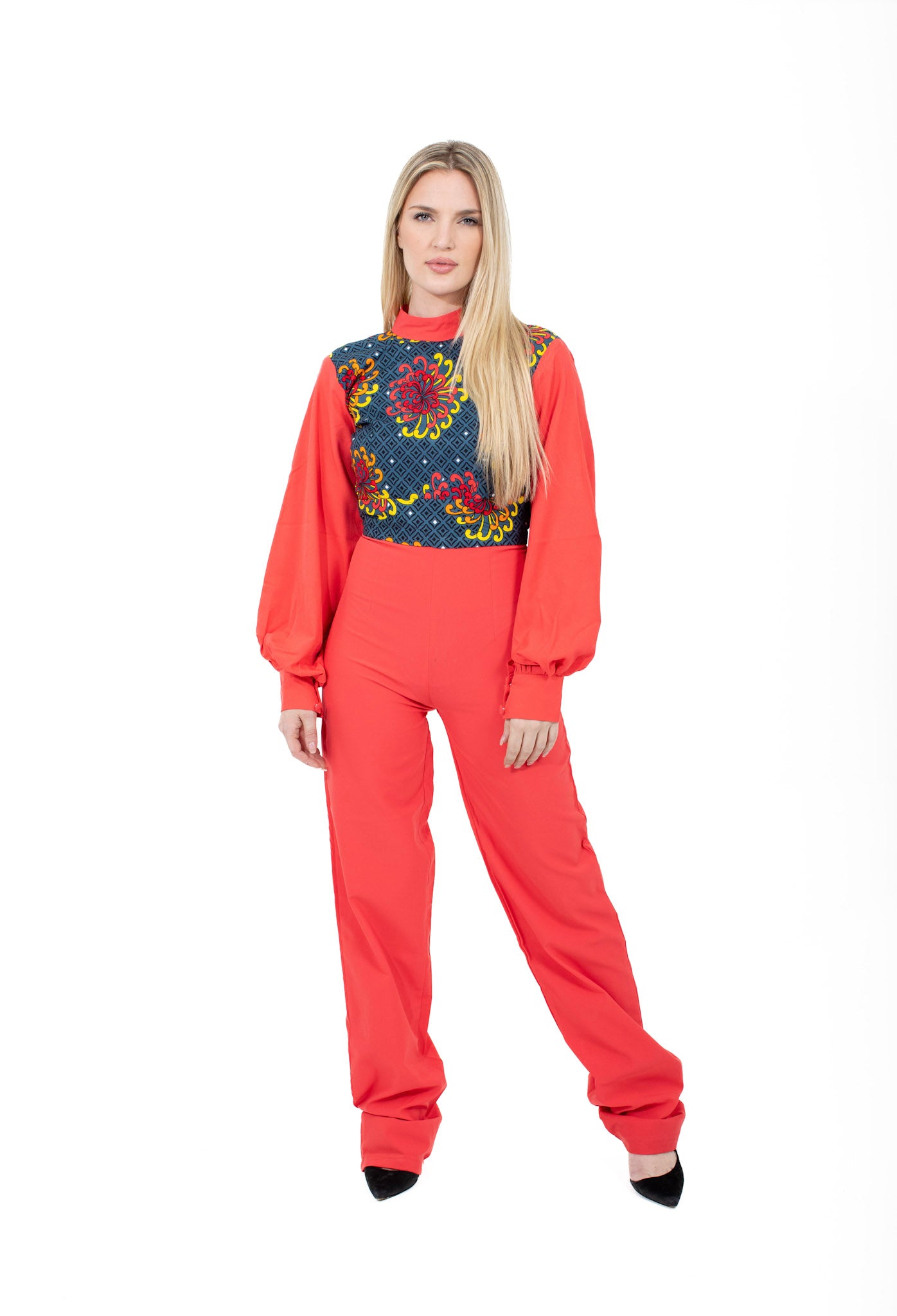 Thema Coral Red Ankara Mix African Print Jumpsuit