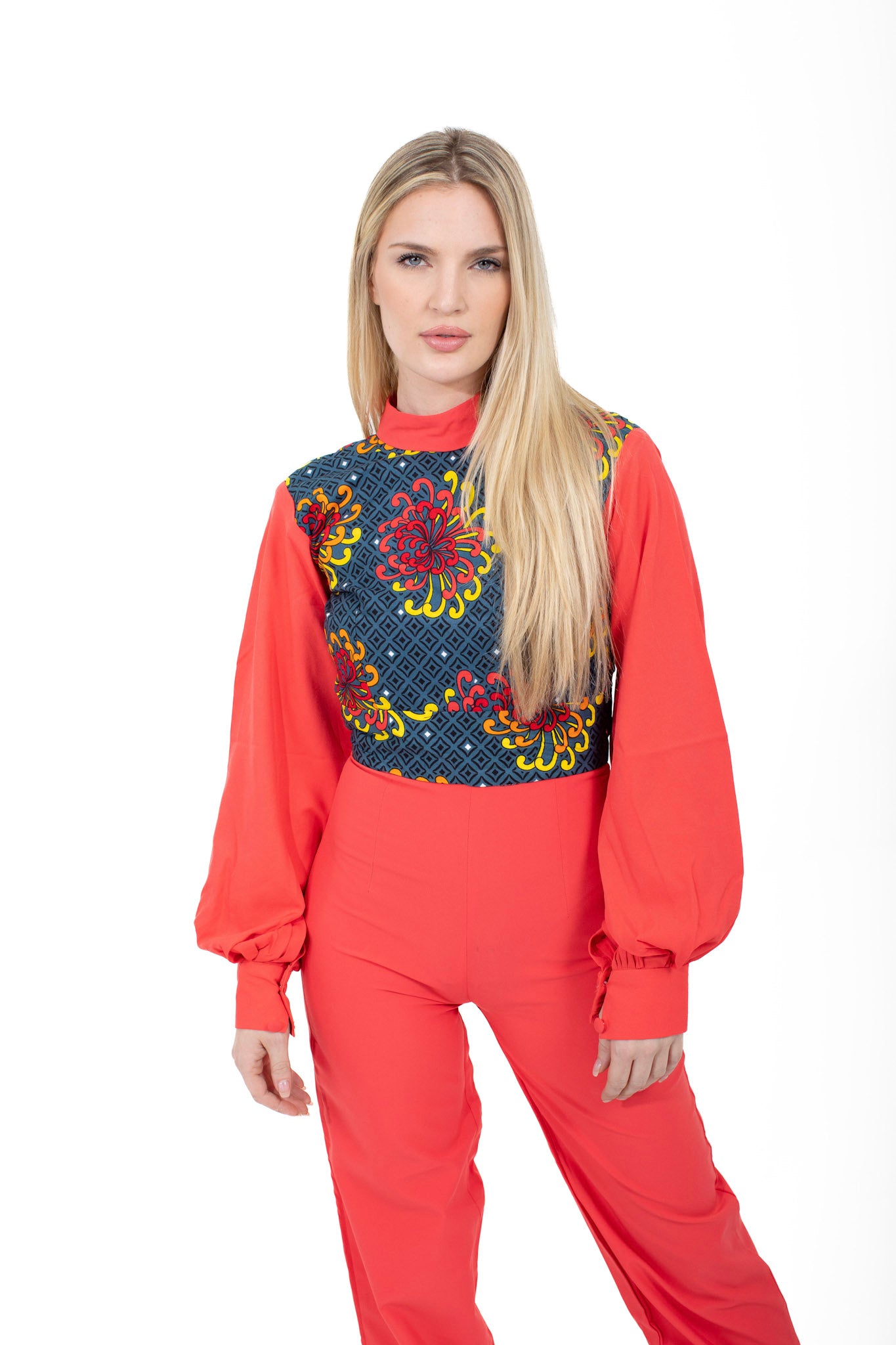 Thema Coral Red Ankara Mix African Print Jumpsuit