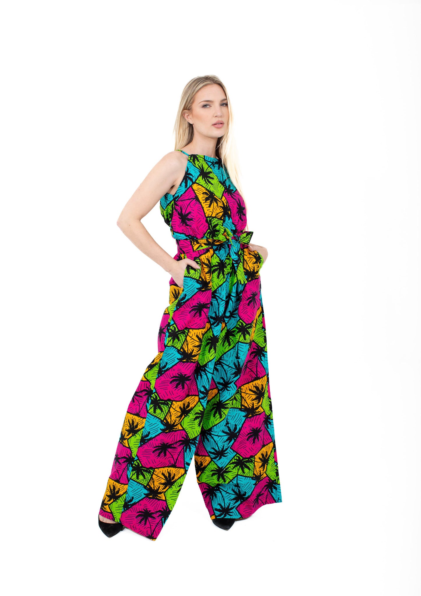 Smooth Visage Summer Palm Tree Ankara African Print Palazzo Jumpsuit for women