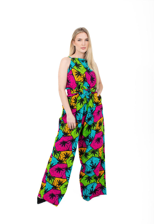 Smooth Visage Summer Palm Tree Ankara African Print  Palazzo Jumpsuit for women