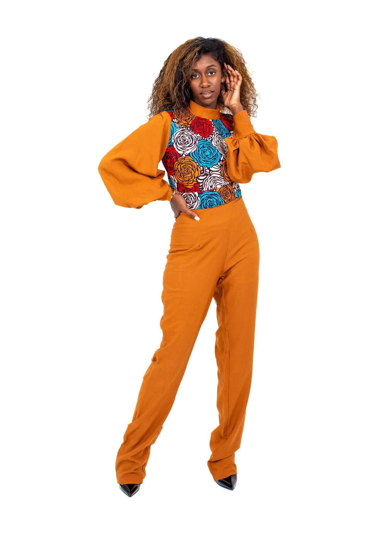 Smooth Visage Brown Ankara African Print and Crepe Jumpsuit for women