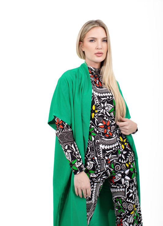 Taraji Green Turtle Neck Top, Pant and Kimono Set