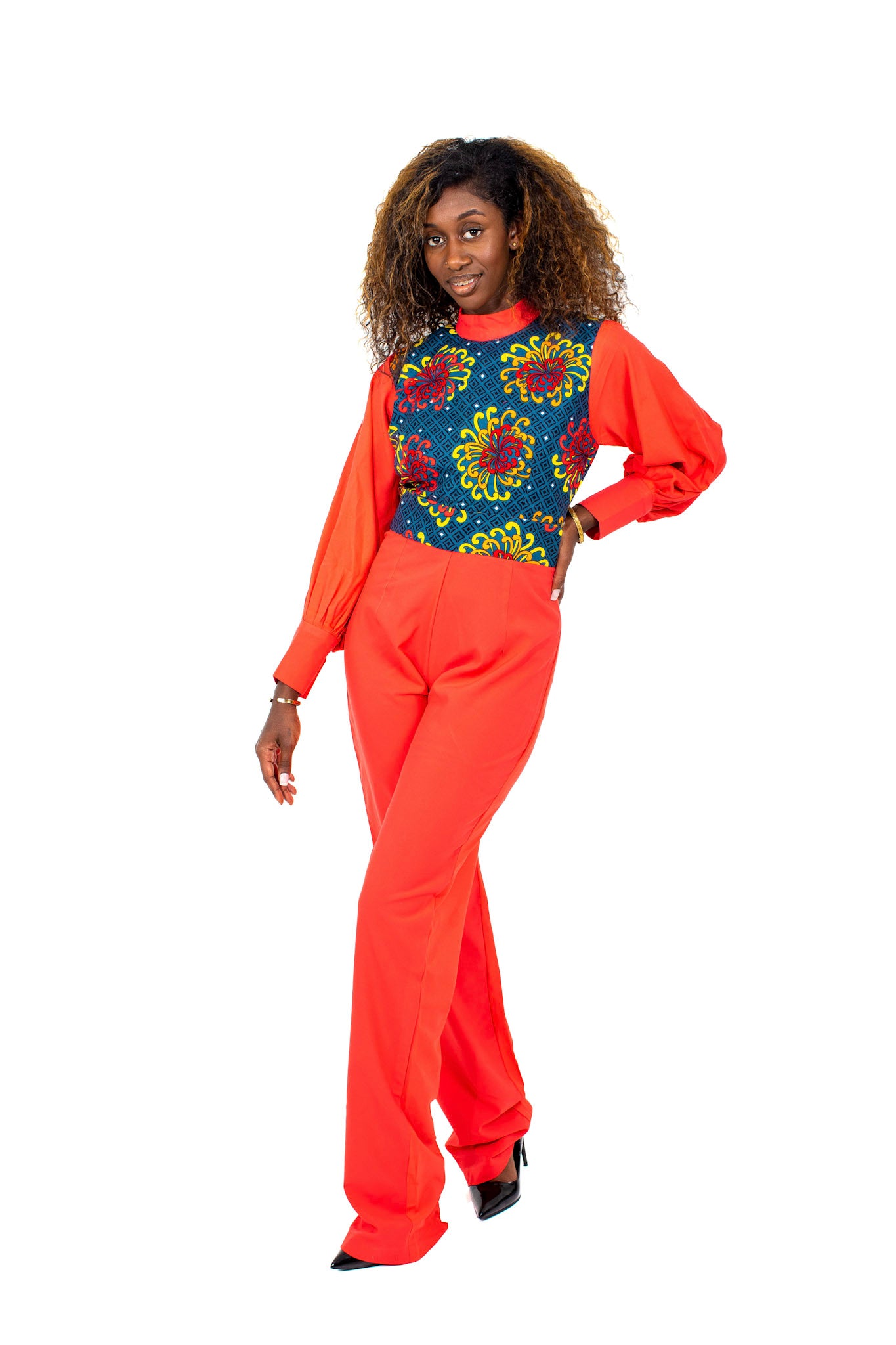 Thema Coral Red Ankara Mix African Print Jumpsuit