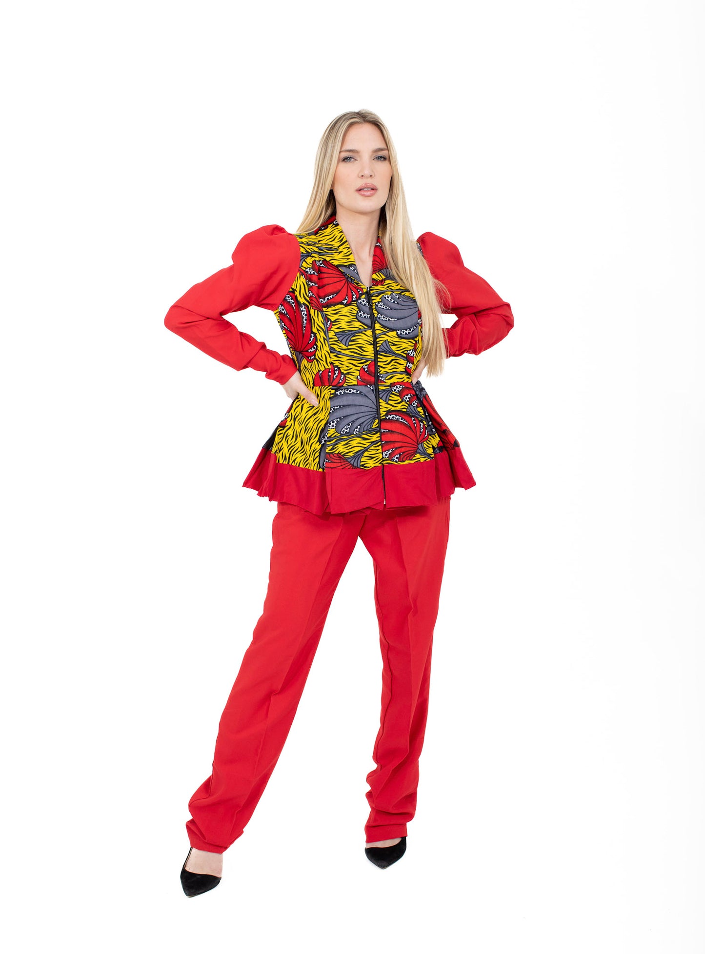 Smooth Visage Ankara Print Red Peplum and Crepe Ankara Pant for women